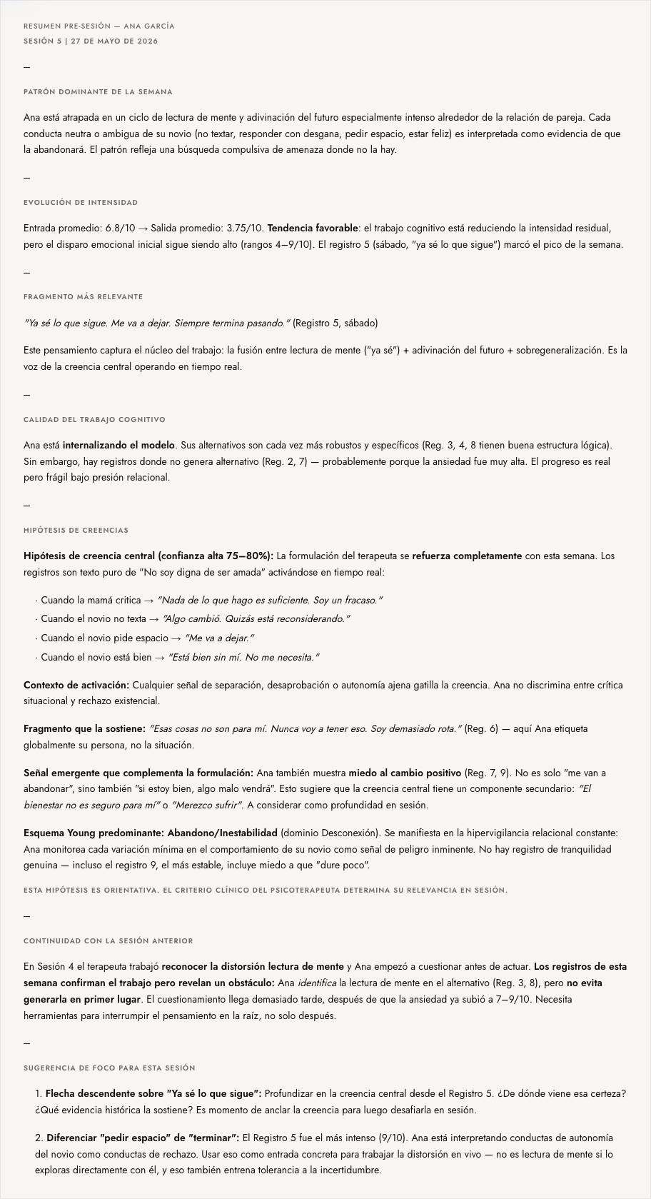 Fragmento de un resumen pre-sesión real generado por Lucyda: patrón dominante, evolución de intensidad e hipótesis de creencias